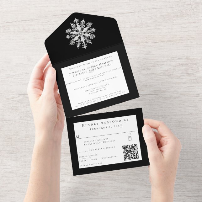Invitation Tout En Un Minimalist Snowflake Wedding | Black (Déchirure)