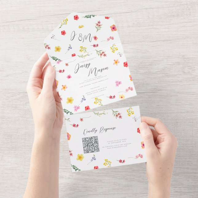 Invitation Tout En Un Minimalist Wildflower Botanical wedding QR (Déchirure)