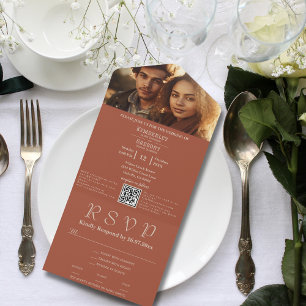 Invitation Tout En Un Minimaliste Burnt Orange Ivory Photo QR Code E-mai