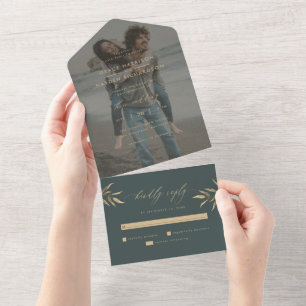 Invitation Tout En Un Minimaliste Dark Turquoise & Sepia Branche Mariage