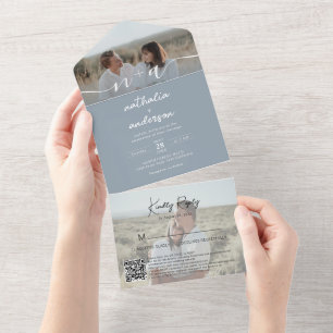 Invitation Tout En Un Minimaliste Dusty Blue 2 Photo QR Code RSVP Mariag
