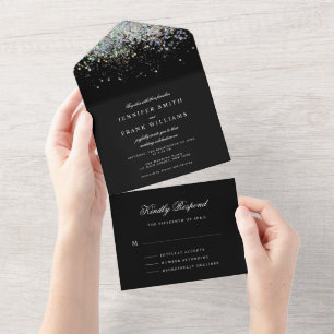 Invitation Tout En Un Minimaliste Holographique Paillettes Noir Simple M