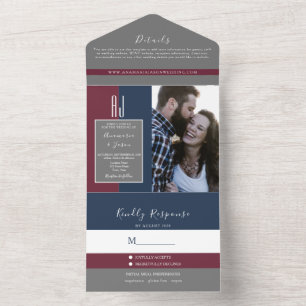 Invitation Tout En Un Minimaliste Mariage Monogramme Bleu Nuit Bourgogne