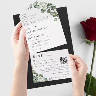 Invitation Tout En Un Minimaliste moderne Eucalyptus RSVP QR Code Mariag