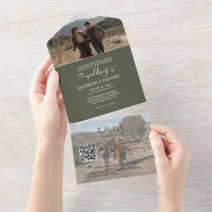 Invitation Tout En Un Minimaliste Olive Green QR Code RSVP Mariage