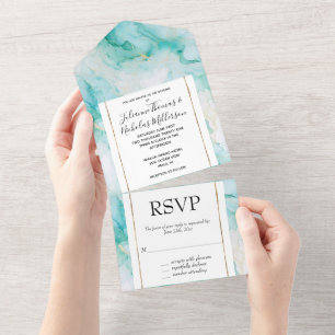 Invitation Tout En Un Mint Aqua Glam Elegant Marbre Or