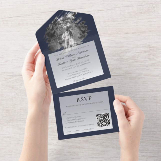 Invitation Tout En Un Modern Brushstroke Photo Wedding | Navy Blue (Déchirure)