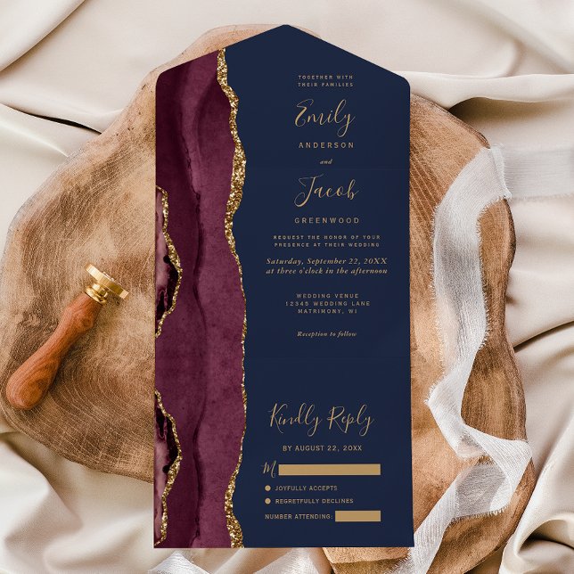 Invitation Tout En Un Modern Burgundy Gold Agate Navy Blue Wedding (Créateur téléchargé)