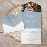 Invitation Tout En Un Modern Elegant Dusty Blue Script Photo Wedding All<br><div class="desc">All in one wedding invitation featuring your special photo and elegant signature script name and monogram initials on a dusty blue background. The invitation includes a perforated RSVP card that’s can be individually addressed or left blank for you to handwrite your guest's address details. Designed by Thisisnotme©</div>