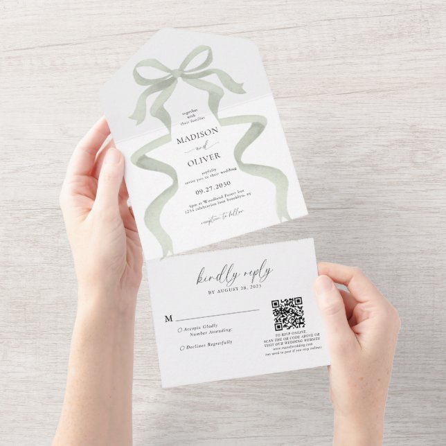 Invitation Tout En Un Modern Elegant Sage Green Bow Monogram Wedding (Déchirure)