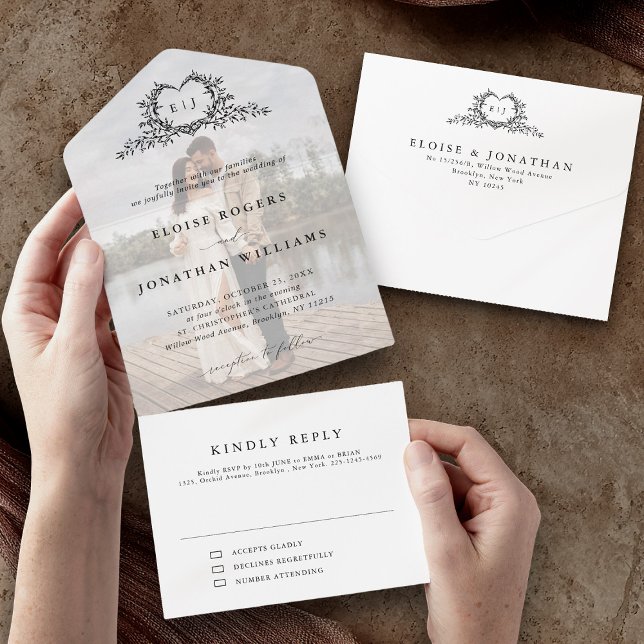 Invitation Tout En Un Modern Minimalist Calligraphy Crest monogram Photo (Modern Minimalist Calligraphy Crest monogram Photo All In One Invitation)