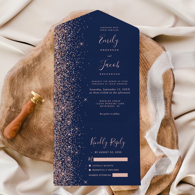Invitation Tout En Un Modern Navy Blue Rose Gold Glitter Wedding (Créateur téléchargé)