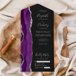 Invitation Tout En Un Modern Purple Silver Agate Dark Wedding<br><div class="desc">The left-hand edge of this elegant modern all-in-one wedding invitation and RSVP features a purple watercolor agate border trimmed with faux silver glitter. The customizable text combines silver gray handwriting, copperplate and italic fonts on an off-black background. The return address appears on the outside flap and the reverse side of...</div>