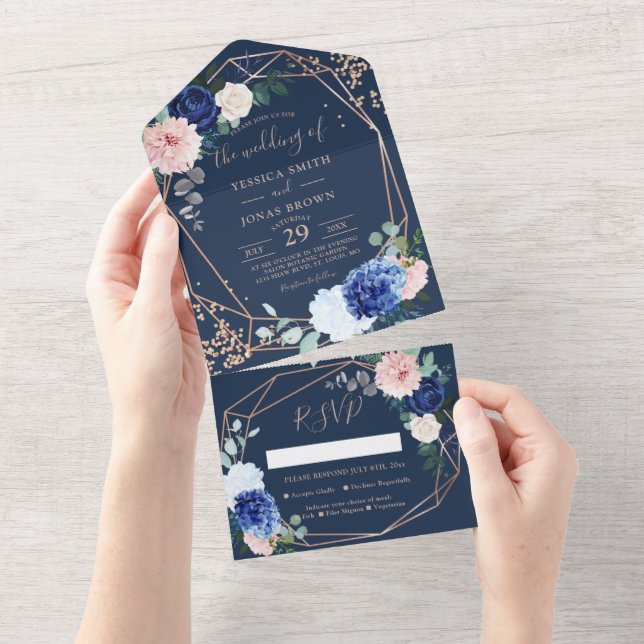Invitation Tout En Un Modern Rustic Geometric Navy Blue Wedding Invitati (Déchirure)