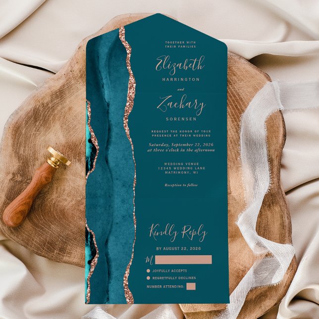 Invitation Tout En Un Modern Teal Blue Rose Gold Agate Wedding (Créateur téléchargé)