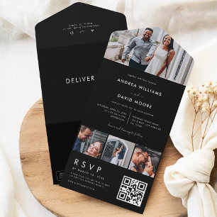 Invitation Tout En Un Moderne 4 Photo Collage Typographie Mariage noir
