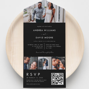Invitation Tout En Un Moderne 4 Photo Collage Typographie Mariage noir