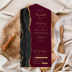 Invitation Tout En Un Moderne Black Gold Agate Bourgogne Mariage