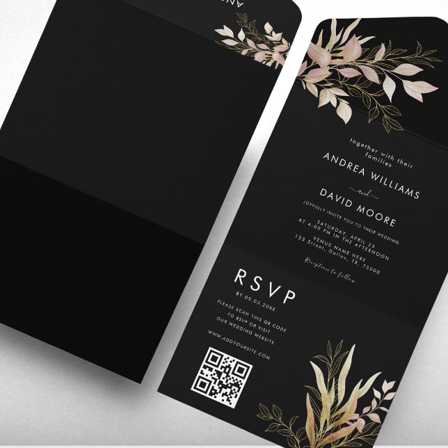 Invitation Tout En Un Moderne Black & Gold Greenery QR Code RSVP Mariage (Créateur téléchargé)