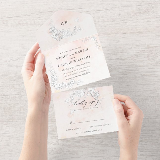 Invitation Tout En Un Moderne Blush subtil Floral Tout en une seule invi (Déchirure)