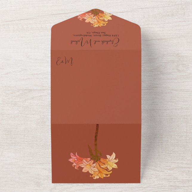 Invitation Tout En Un Moderne Burnt Orange Floral Simple Mariage élégant (Dehors)