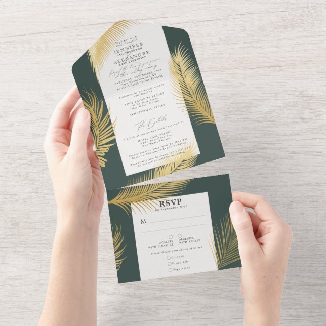 Invitation Tout En Un Moderne Chic Tropical Gold Palm Dark Green Mariage (Déchirure)