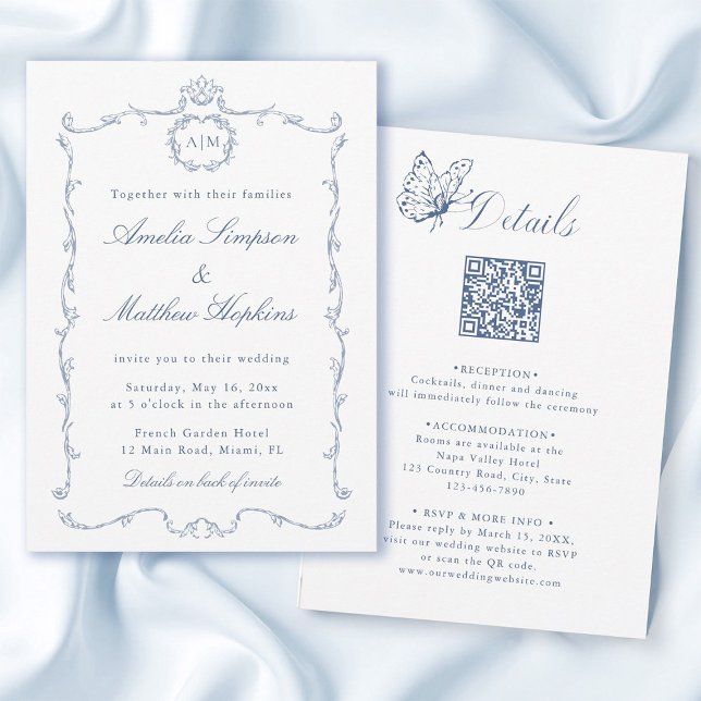Invitation Tout en Un Moderne Classique Français Mariage Bleu (Front & Back)