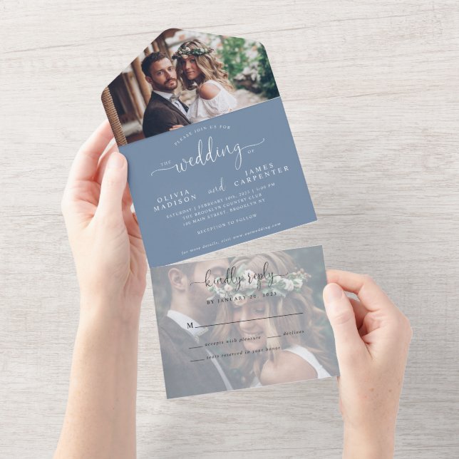 Invitation Tout En Un Moderne Dusty Blue Elegant Script 2 Mariage photo (Déchirure)