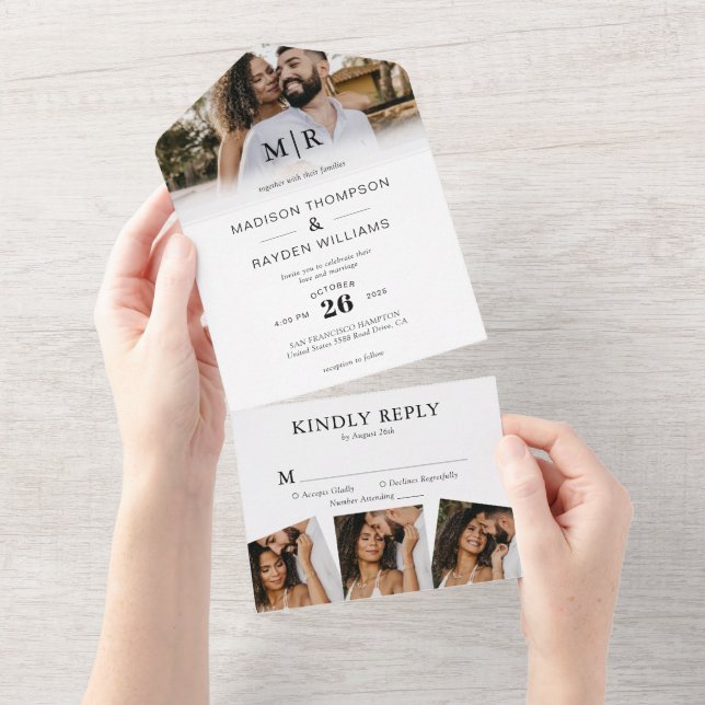 Invitation Tout En Un Moderne Elegant 4 Photo Classic Mariage (Déchirure)