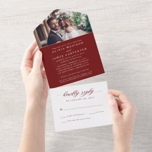 Invitation Tout En Un Moderne Elegant Bourgogne Rouge Photo RSVP Mariage