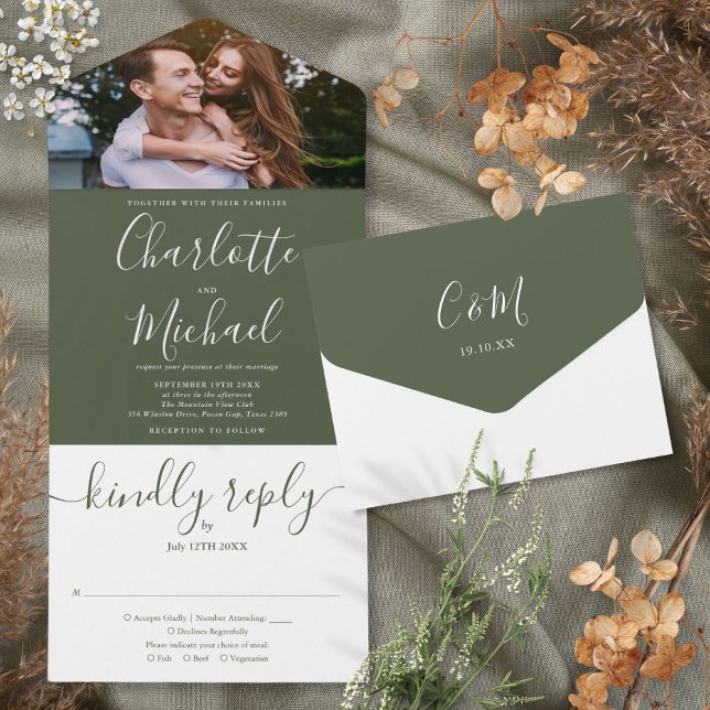 Invitation Tout En Un Moderne Elegant Olive Script Mariage photo Tous (Modern Elegant Olive Script Photo Wedding All In One Invitation)