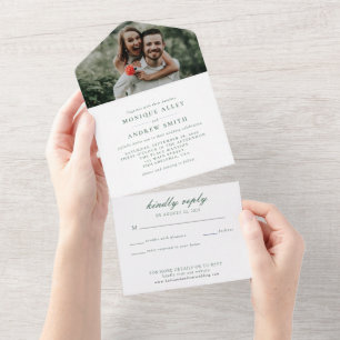 Invitation Tout En Un Moderne Élégant Photo Mariage Vert Sauge Script