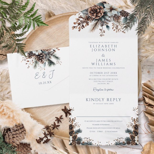 Invitation Tout En Un Moderne Elégant Rustique Pinecone Mariage Floral (Modern Elegant Rustic Pinecone Floral Wedding All In One Invitation)