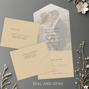 Invitation Tout En Un Moderne, élégante photo beurre mariage jaune RSVP