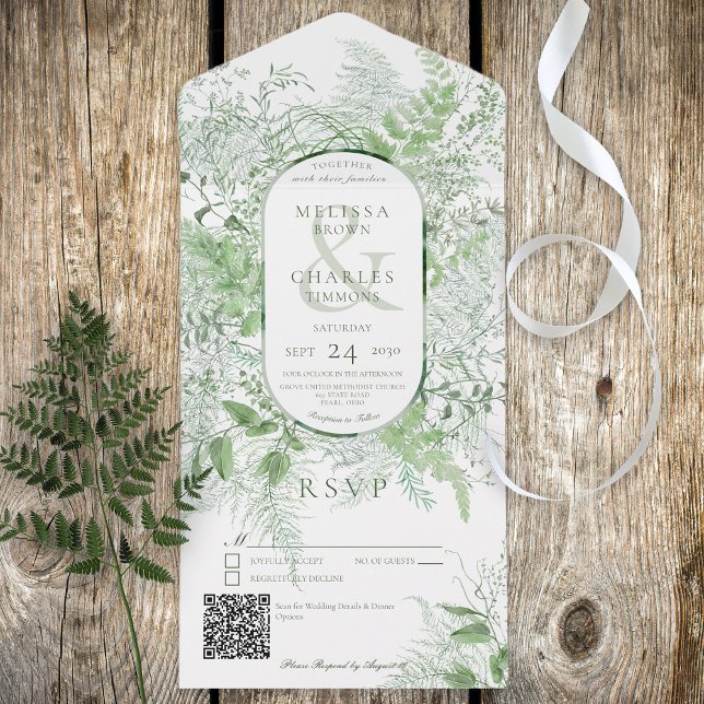Invitation Tout En Un Moderne Fern Green Foliing Blanc QR Code (Also available without a QR code; with or without dinner selection options.)
