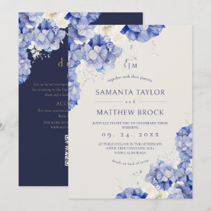 Invitation Tout en Un Moderne⎮Fleurs de Mariage Ivoire Navy