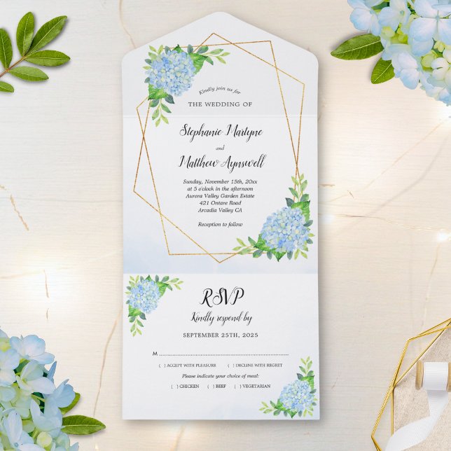 Invitation Tout En Un Moderne Floral Géométrique Bleu Hydrangée Mariage (Créateur téléchargé)
