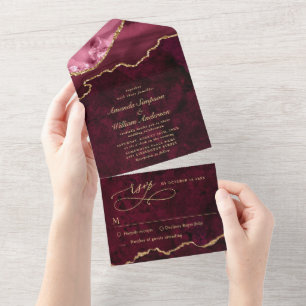 Invitation Tout En Un Moderne Golden Burgundy Marble Agate Mariage