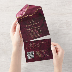 Invitation Tout En Un Moderne Golden Burgundy Marble Agate Mariage
