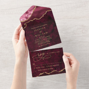 Invitation Tout En Un Moderne Golden Burgundy Marble Agate Mariage