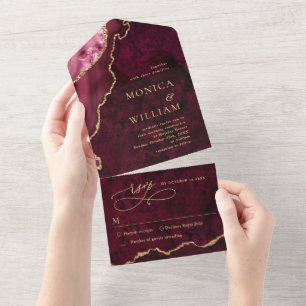Invitation Tout En Un Moderne Golden Burgundy Marble Agate Mariage