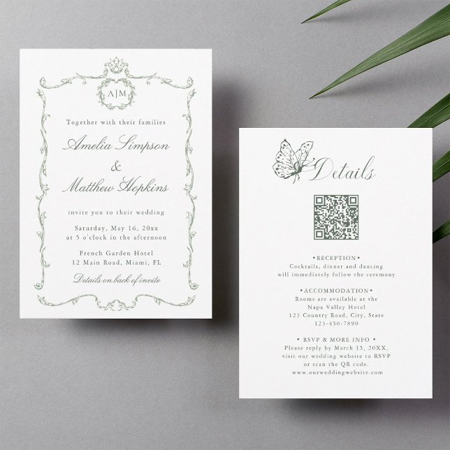 Invitation Tout en Un Moderne Mariage Classique Vert Sauge (Front & Back)
