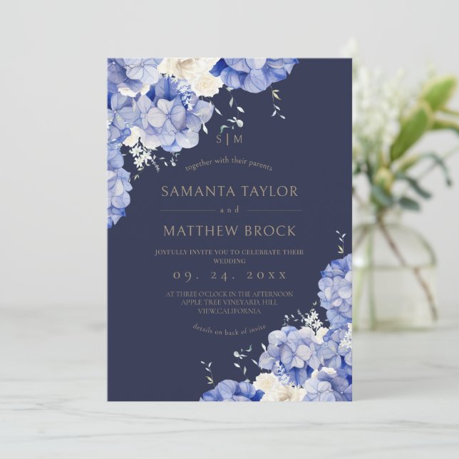 Invitation Tout en Un Moderne⎮Mariage Fleurs Navy (Debout devant)