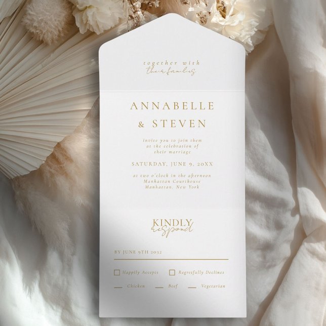 Invitation Tout En Un Moderne, minimaliste, blanc, Mariage (Modern, Minimal, White & Copper, Wedding All In One Invitation)
