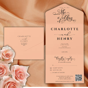 Invitation Tout En Un Moderne minimaliste élégant Peach QR Code Mariage