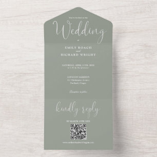 Invitation Tout En Un Moderne minimaliste QR Code Sage Mariage vert