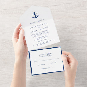 Invitation Tout En Un Moderne Monogramme Ancre Naútíque Élégant Mariage