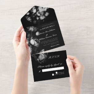 Invitation Tout En Un Moderne Moody Hollandaise Fleur Noir et Blanc Mari