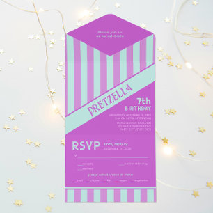 Invitation Tout En Un Moderne Pastel Turquoise rose rayures Anniversaire