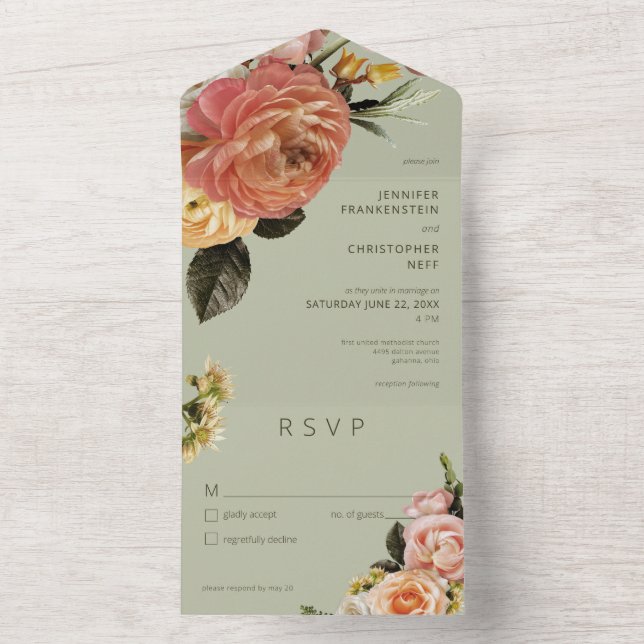 Invitation Tout En Un Moderne Pêche Mimosa Floral Vert (À l'intérieur)